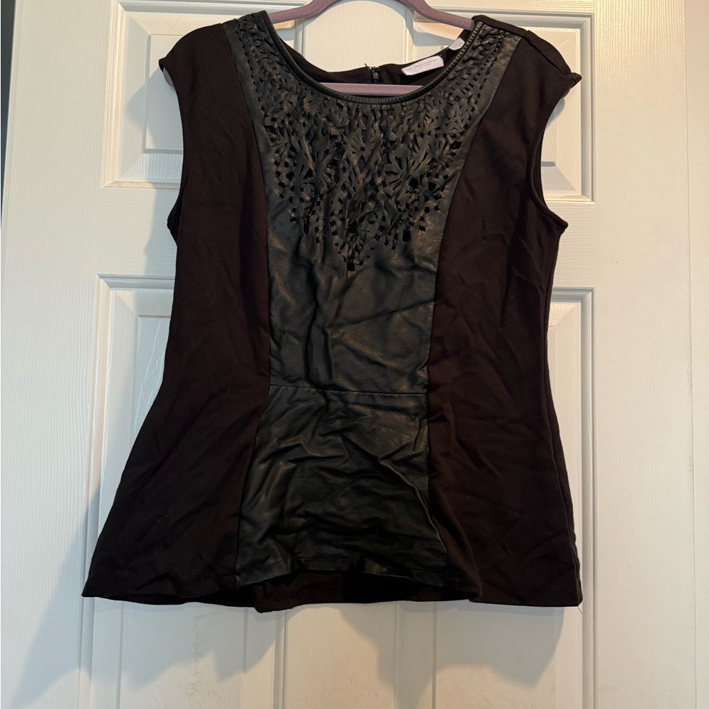 Black New York and Company Sleeveless Top with Faux Leather Detail